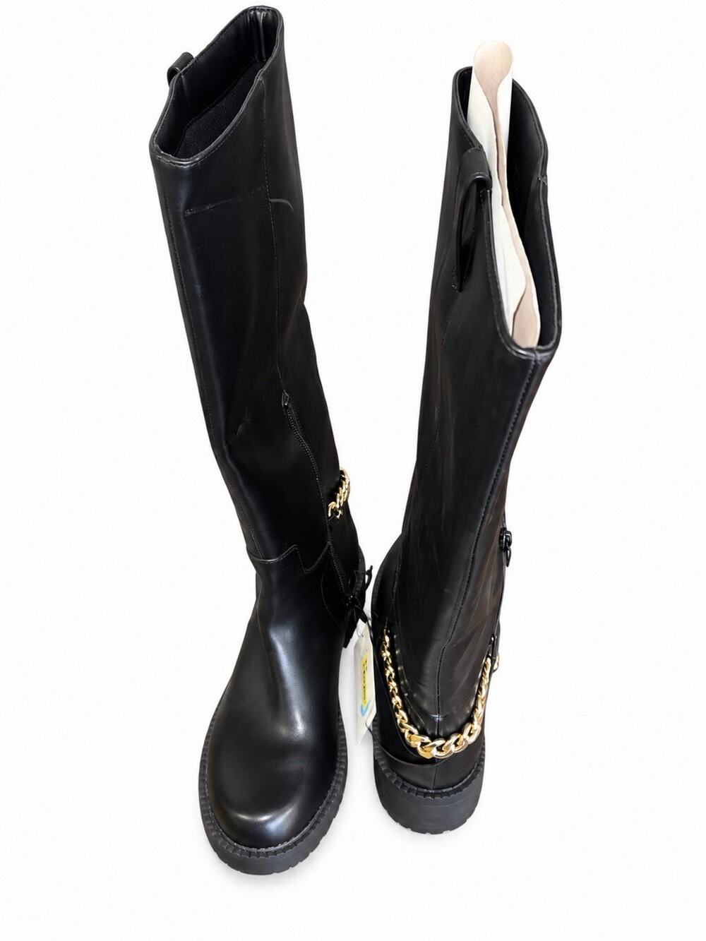Women’s Black Knee High Riding Boots Gold Chain Accent Size 8.5 Side Zip